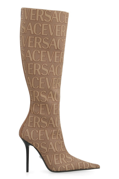 Shop Versace Allover Logo Jacquard Knee In Beige