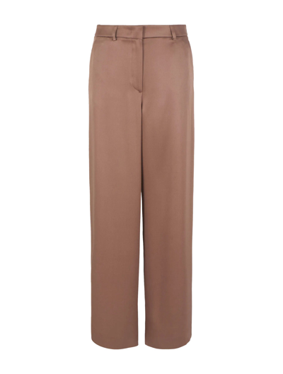 Shop Giorgio Armani Flat Front Trousers In Double Silk Satin In Nude & Neutrals