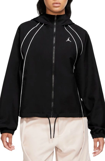 Shop Jordan Woven Hooded Jacket In Black/ Smoke Grey
