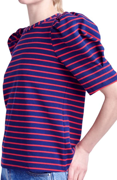 Shop English Factory Stripe Puff Sleeve Top In Navy/ Red