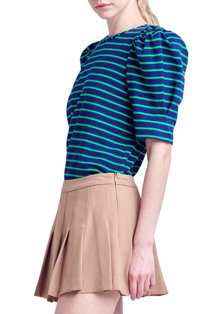Shop English Factory Stripe Puff Sleeve Top In Navy/ Green