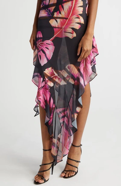 Shop Retroféte Atlas Strapless Asymmetric Hem Dress In Tropical Leaf