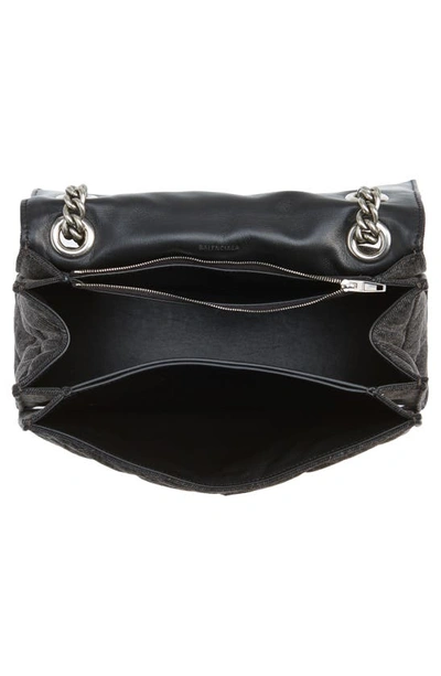 Shop Balenciaga Medium Crush Chain Strap Quilted Denim Shoulder Bag In Charcoal Black