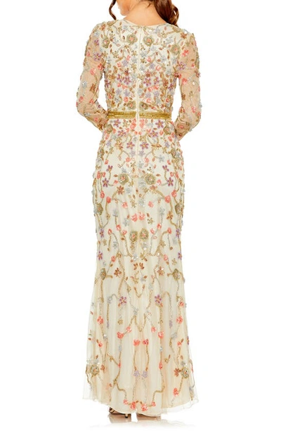 Shop Mac Duggal Beaded Floral Long Sleeve Gown In Nude Multi