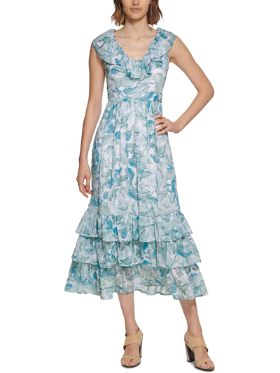 Shop Calvin Klein Womens Chiffon Floral Maxi Dress In Blue