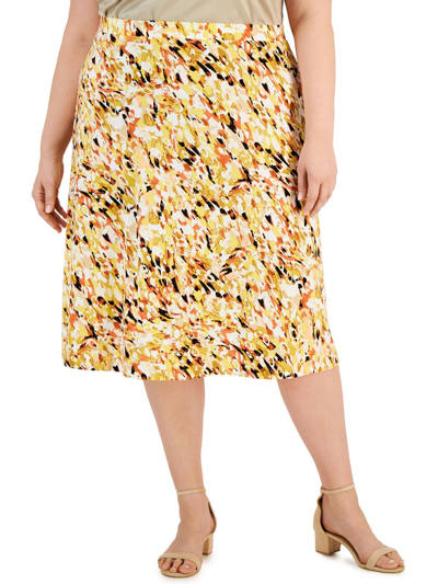 Shop Kasper Plus Womens Printed Calf Midi Skirt In Yellow