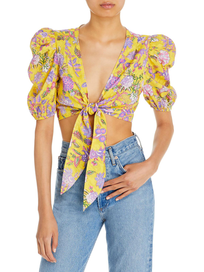 Shop Hemant & Nandita Womens Floral Print Tie-front Cropped In Yellow