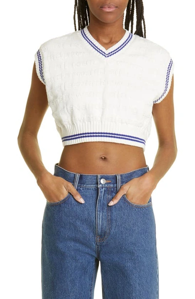 Shop Alexander Wang Logo Stitch Crop Cotton Sweater Vest In 138 Off White/ Marine