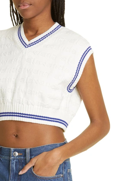 Shop Alexander Wang Logo Stitch Crop Cotton Sweater Vest In 138 Off White/ Marine