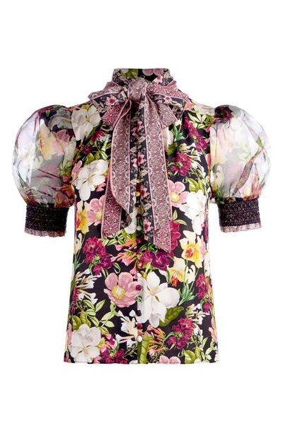 Shop Alice And Olivia Brentley Floral Tie Neck Puff Sleeve Top In Juniper Floral Black