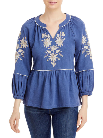 Shop Cupio Womens Embroidered Mandarin-collar Pullover Top In Blue