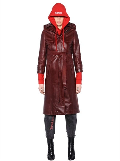 Shop Vetements Belted Leather Trench Coat In Red/brown