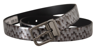 Shop Dolce & Gabbana Herringbone Leather  3d Metal Buckle Men's Belt In Grey