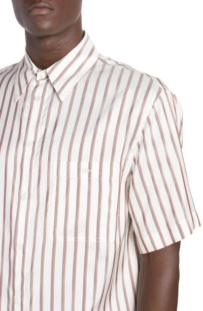 Shop Bottega Veneta Bicolor Stripe Short Sleeve Silk Button-up Shirt In 9032 White/ Brown/ Chestnut