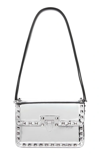 Shop Valentino Small Rockstud Metallic Leather Shoulder Bag In S13 Silver