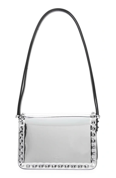 Shop Valentino Small Rockstud Metallic Leather Shoulder Bag In S13 Silver