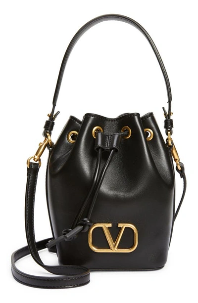 Shop Valentino Mini Vlogo Signature Leather Bucket Bag In 0no Nero