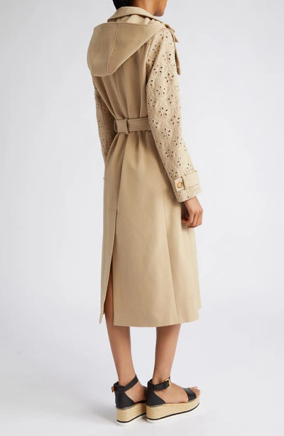 Shop Chloé Eyelet Sleeve Virgin Wool Gabardine Trench Coat In 278-pearl Beige