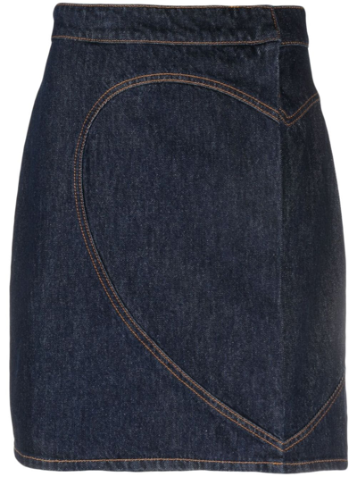 Shop Msgm Heart-embroidered Denim Miniskirt In Blue