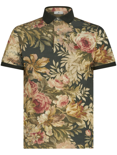 Shop Etro Floral-print Cotton Polo Shirt In Grün