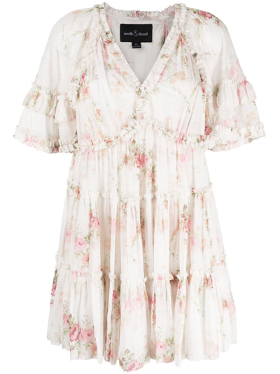 Shop Needle & Thread Floral-print Ruffled Dress In Weiss