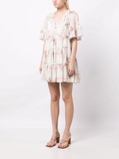 Shop Needle & Thread Floral-print Ruffled Dress In Weiss