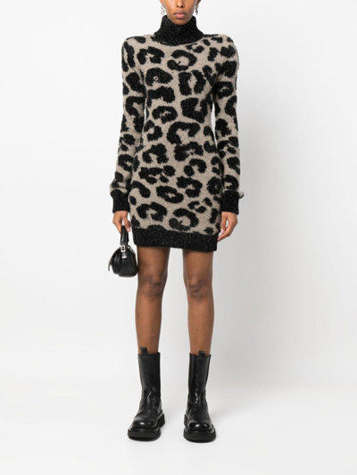 Shop Philipp Plein Shoulder-pads Leopard-print Dress In Schwarz