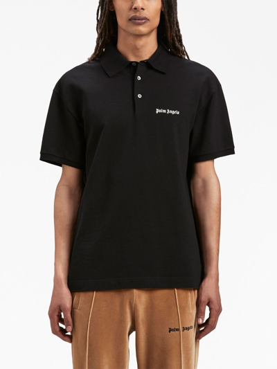 Shop Palm Angels Logo-embroidered Cotton Polo Shirt In Black