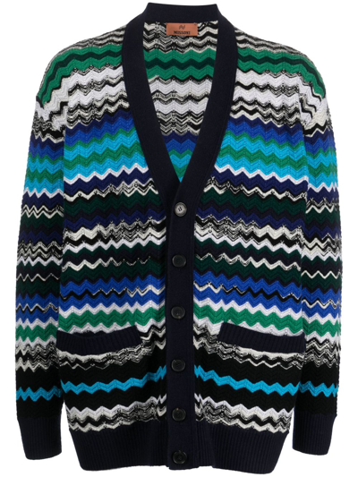Shop Missoni Zig-zag Knitted Wool-blend Cardigan In Blau