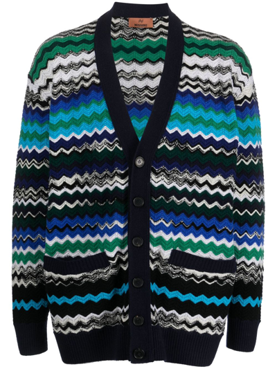 Missoni Zig-zag Knitted Wool-blend Cardigan In Blau