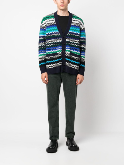 Shop Missoni Zig-zag Knitted Wool-blend Cardigan In Blau