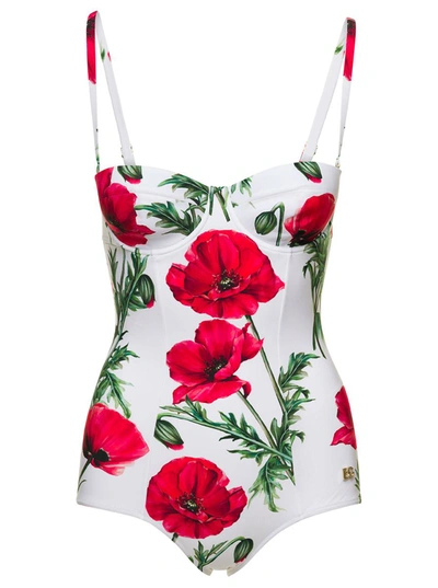 Shop Dolce & Gabbana White Balconette One-piece With All-over Poppies Print In Polyamide Blend Woman In Multicolor