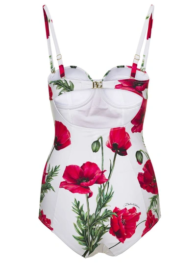 Shop Dolce & Gabbana White Balconette One-piece With All-over Poppies Print In Polyamide Blend Woman In Multicolor