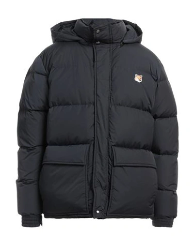 Maison Kitsuné Black Long Down Jacket With High Neck And Fox Head Patch In Nylon Woman In Blue