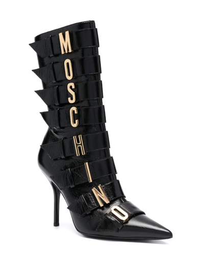 Shop Moschino 105mm Logo-plaque Leather Boots In Black
