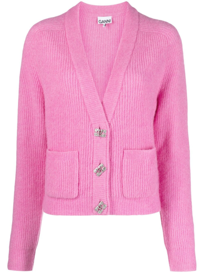 Shop Ganni Embellished-button V-neck Cardigan In Pink