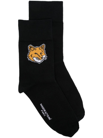 Shop Maison Kitsuné Chillax Fox-motif Ribbed Socks In Black