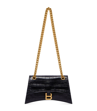 Shop Balenciaga Xs Croc-embossed Leather Crush Shoulder Bag In Black