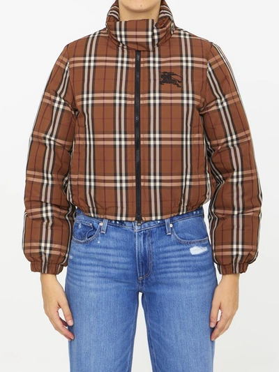 Shop Burberry Check Nylon Puffer Jacket In Brown