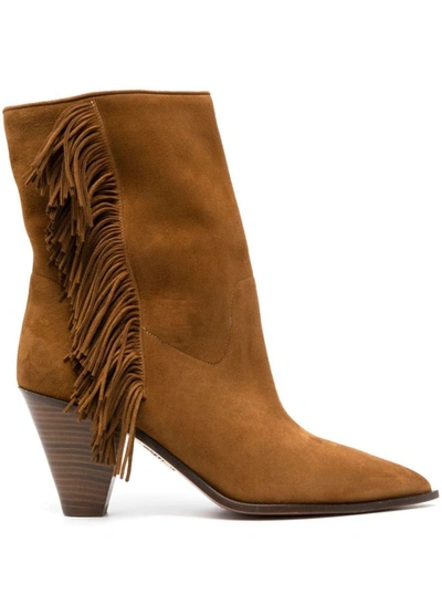 Shop Aquazzura 'marfa' Brown Ankle Boots With Fringes Detail In Suede Woman