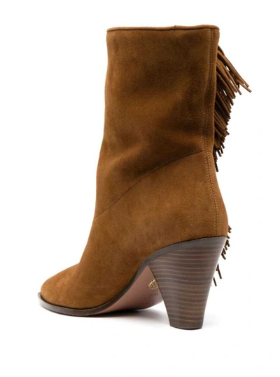 Shop Aquazzura 'marfa' Brown Ankle Boots With Fringes Detail In Suede Woman