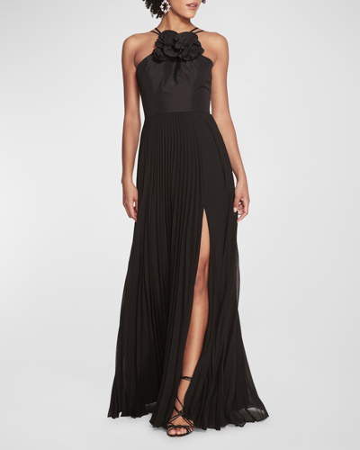 Shop Marchesa Notte Sleeveless Pleated Chiffon Halter Gown In Black