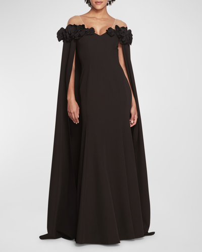 Shop Marchesa Notte Off-shoulder Ruffle Cape Gown In Black