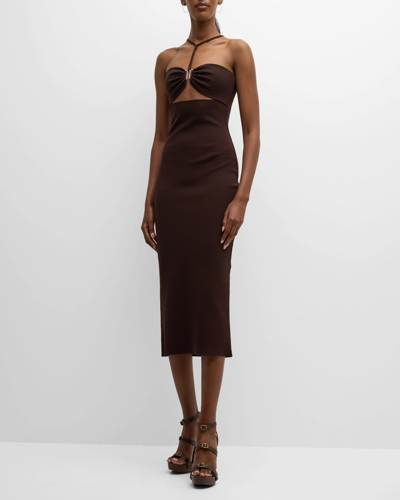 Shop Zeynep Arcay Y-neck Cutout Knit Midi Dress In Dark Brown