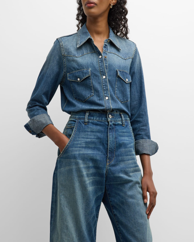 Shop Nili Lotan Travis Denim Western Shirt In Classic Wash