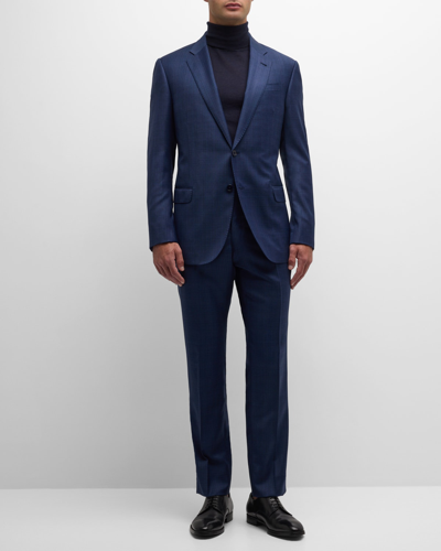 Shop Emporio Armani Men's Screen Plaid Wool Suit In Solid Blue Navy