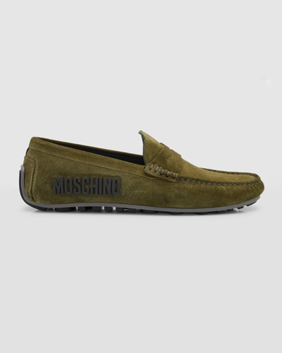 Shop Moschino Men's Logo Leather Drivers In Olive Green