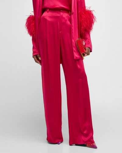 Shop Lapointe Pleated Doubleface Satin Relaxed Straight-leg Pants In Cerise