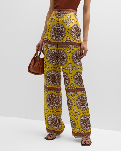 Shop Nili Lotan Germain Printed Silk Wide-leg Pants In Scarf Print Yello