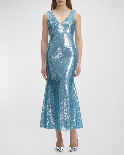Shop Self-portrait Sequin Sleeveless V-neck Maxi Dress In Blue